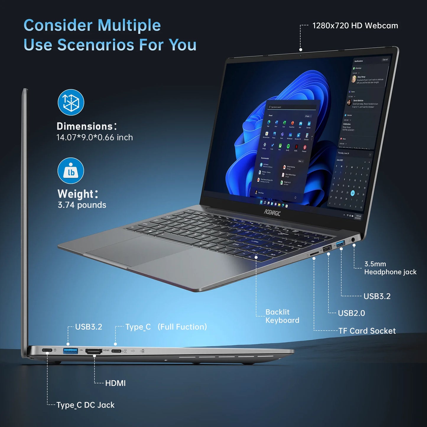 ACEMAGIC Gaming Notebook AMD Ryzen 7 5825U(Beat i7-1265U)Backlit Laptop Keyboard RAM 16GB NVME SSD 512GB 16.1" Full HD 1920x1080